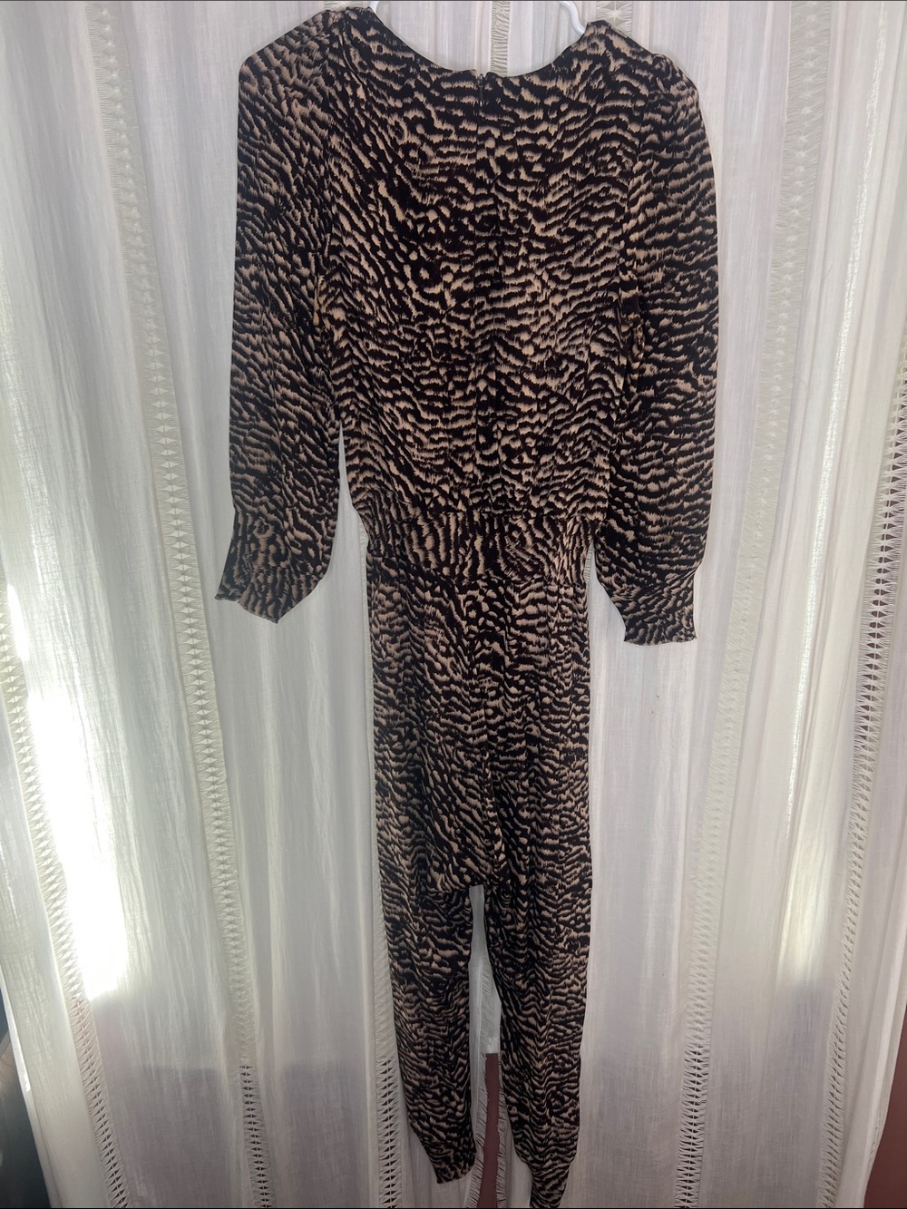 Zara Printed Long-Sleeve Jumpsuit in Black and Brown